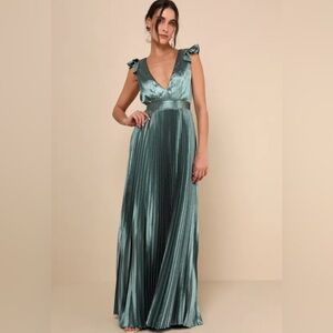 Exceptional Drama Sage Green Satin Lace-Up Pleated Maxi Dress